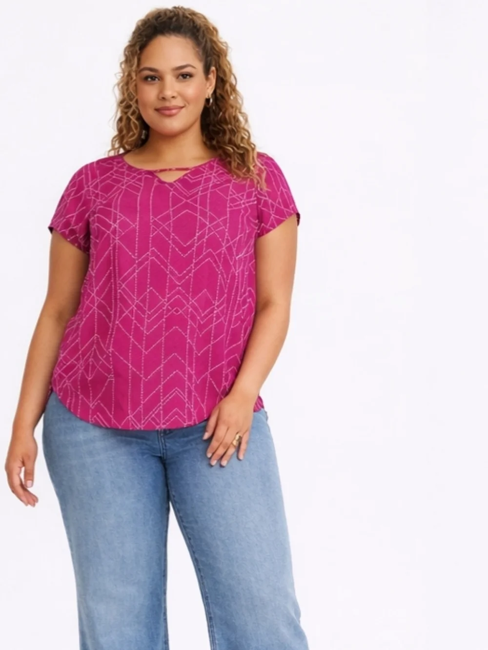Torrid Fuchsia & White Geometric Polka Dot Print Flutter Sleeve Top Plus Size 5X - Picture 1 of 9